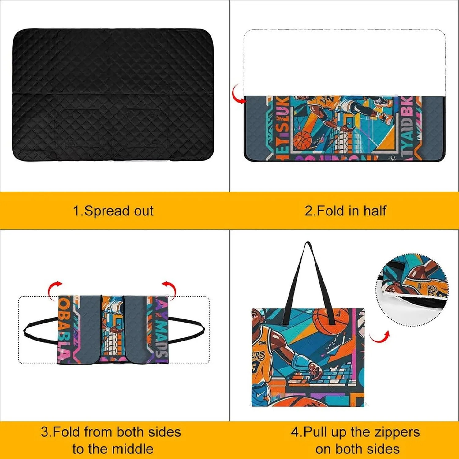 Cool Basketball Theme Picnic Blanket Zipper Style Waterproof Foldable Outdoor,Picnic Mat Foldable As A Shopping Bag for Ladies, Portable Outdoor Blanket for Camping