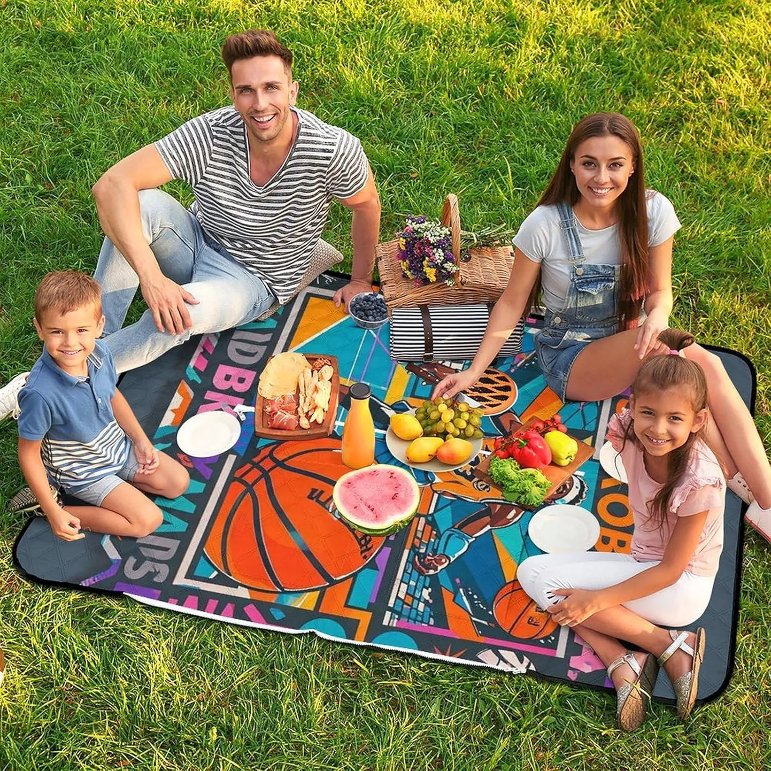 Cool Basketball Theme Picnic Blanket Zipper Style Waterproof Foldable Outdoor,Picnic Mat Foldable As A Shopping Bag for Ladies, Portable Outdoor Blanket for Camping