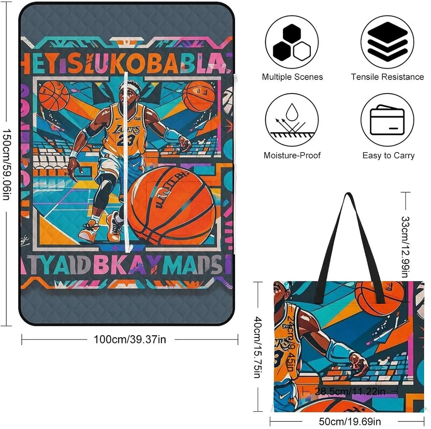 Cool Basketball Theme Picnic Blanket Zipper Style Waterproof Foldable Outdoor,Picnic Mat Foldable As A Shopping Bag for Ladies, Portable Outdoor Blanket for Camping