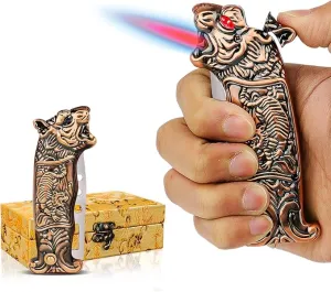 Cool Tiger Torch Lighter with Windproof Jet Flame, Refillable Butane Lighter for Candles, Travel, Camping, Outdoors, Cool Lighter with Gift Box for Men