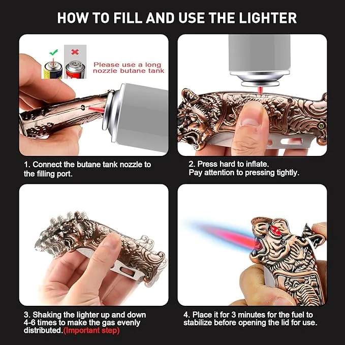 Cool Tiger Torch Lighter with Windproof Jet Flame, Refillable Butane Lighter for Candles, Travel, Camping, Outdoors, Cool Lighter with Gift Box for Men