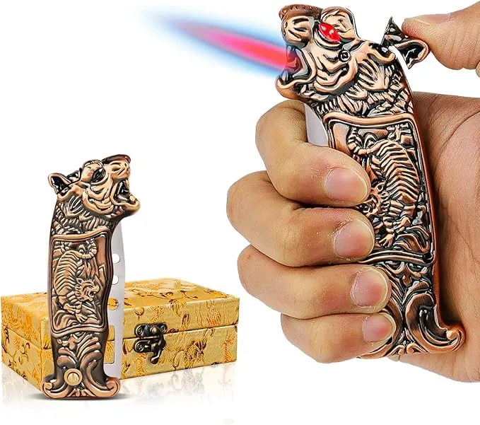 Cool Tiger Torch Lighter with Windproof Jet Flame, Refillable Butane Lighter for Candles, Travel, Camping, Outdoors, Cool Lighter with Gift Box for Men
