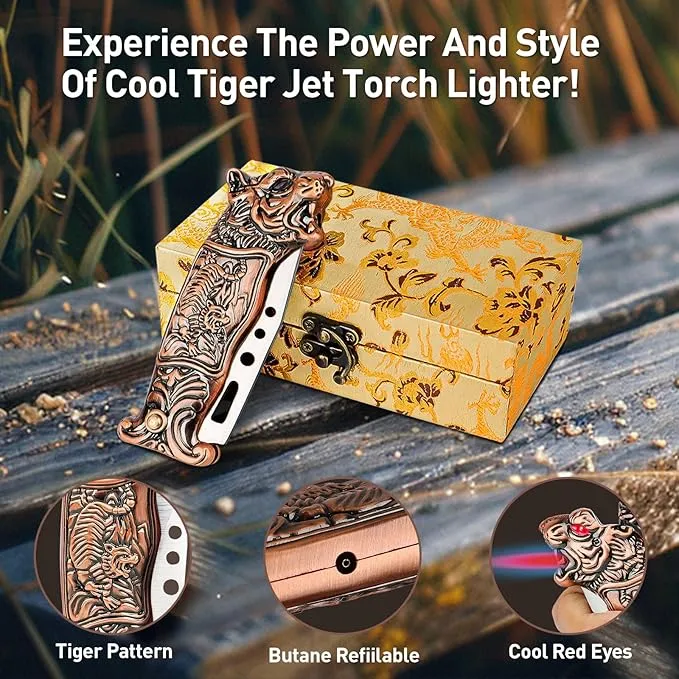 Cool Tiger Torch Lighter with Windproof Jet Flame, Refillable Butane Lighter for Candles, Travel, Camping, Outdoors, Cool Lighter with Gift Box for Men