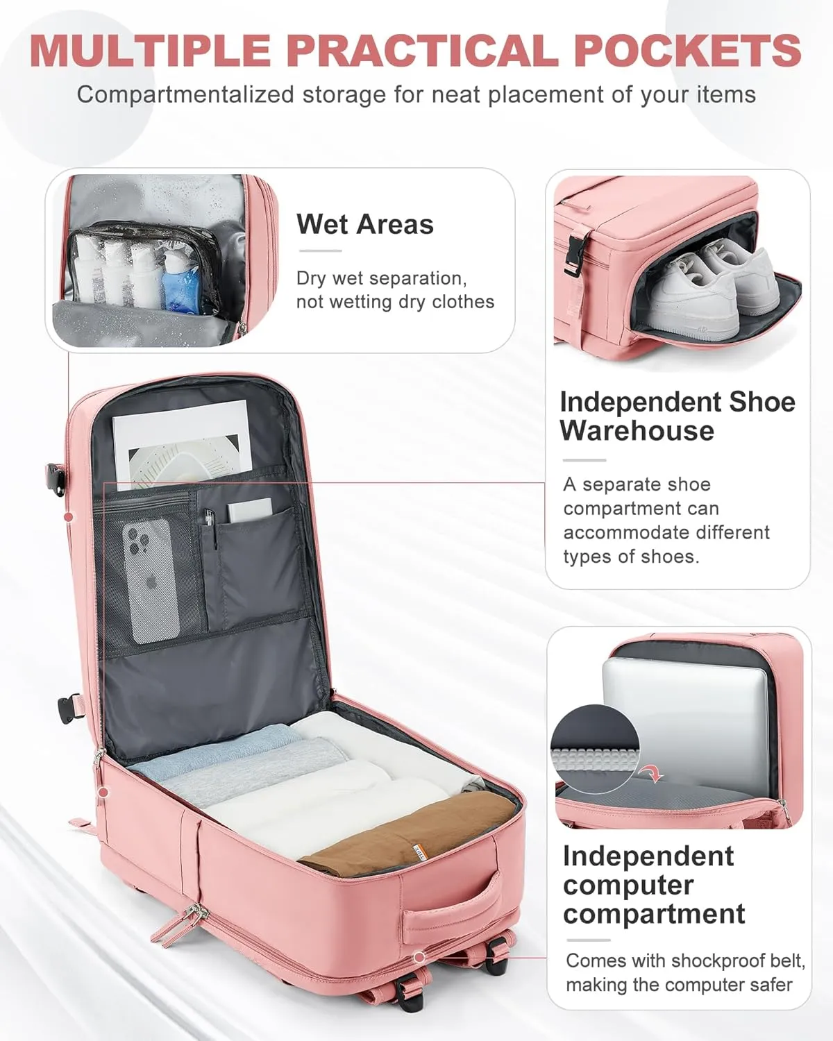 coowoz Large Travel Backpack Carry On for Women Man Gym Backpack with Laptop Compartment Mochila de Viaje Teacher Personal Item Backpack Rucksack Airplane Accessories Must Haves Pink