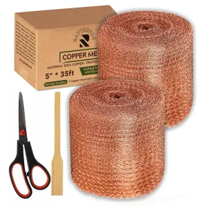 Copper Mesh Rodent Control Kit, 5 Inch x 35ft Rustproof Copper Wool Blend, DIY Hole Filler, Complete with Precision Scissors and Packing Tool (1, Pack of 2 (5in x 35ft))