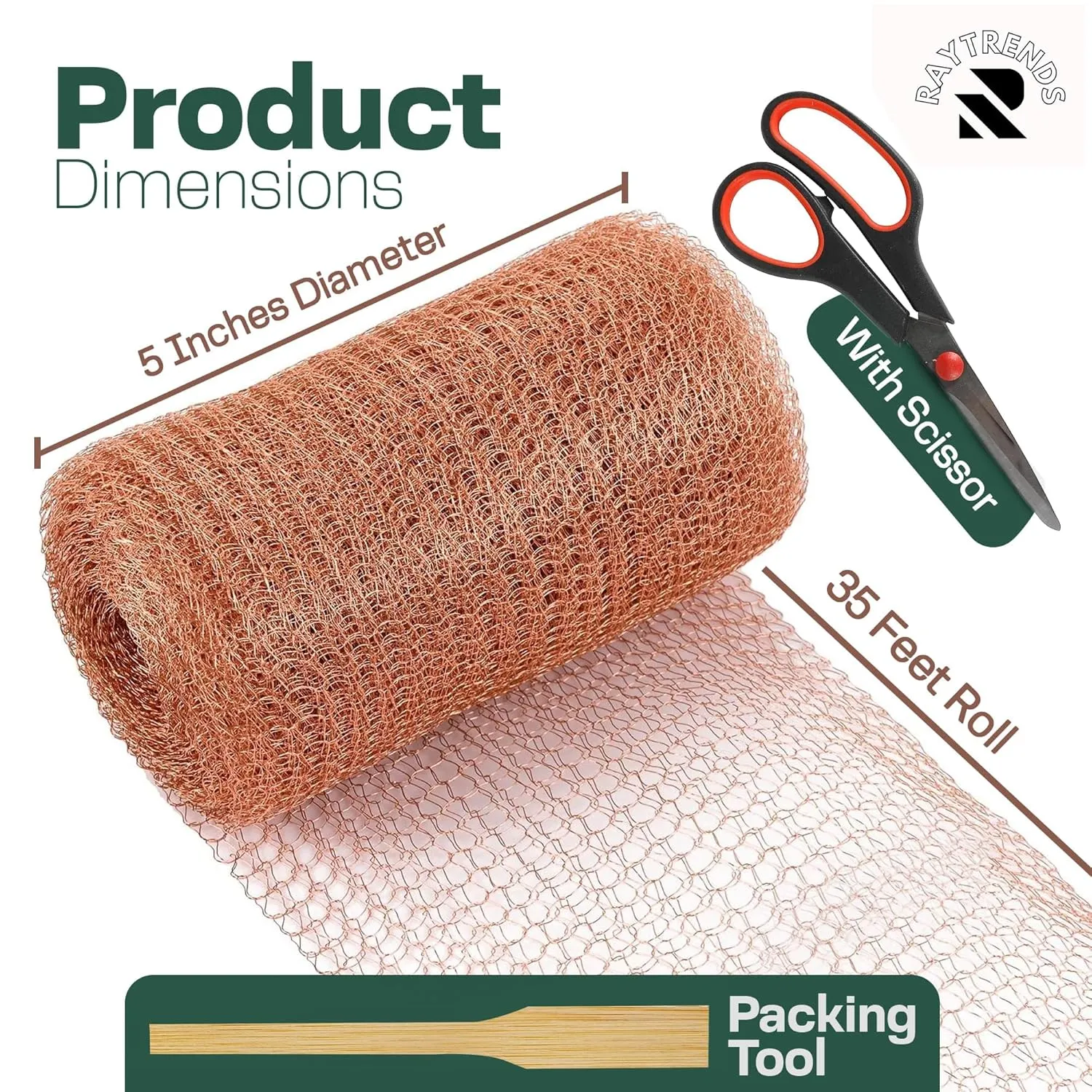 Copper Mesh Rodent Control Kit, 5 Inch x 35ft Rustproof Copper Wool Blend, DIY Hole Filler, Complete with Precision Scissors and Packing Tool (1, Pack of 2 (5in x 35ft))
