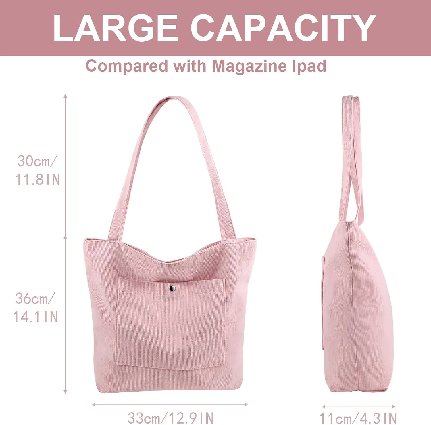 Corduroy Tote Bag for Women Large Shoulder Bag with Zipper and Pockets for Work Travel Shopping.