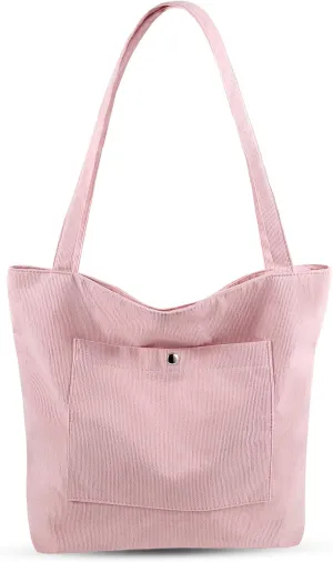 Corduroy Tote Bag for Women Large Shoulder Bag with Zipper and Pockets for Work Travel Shopping.