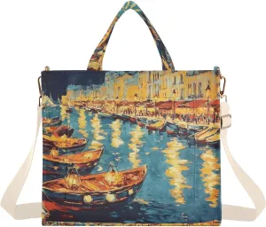 Corduroy Tote Bag Marseille Boat Market for Women Large Shoulder Bag with Pockets for Beach Work Travel Shopping S