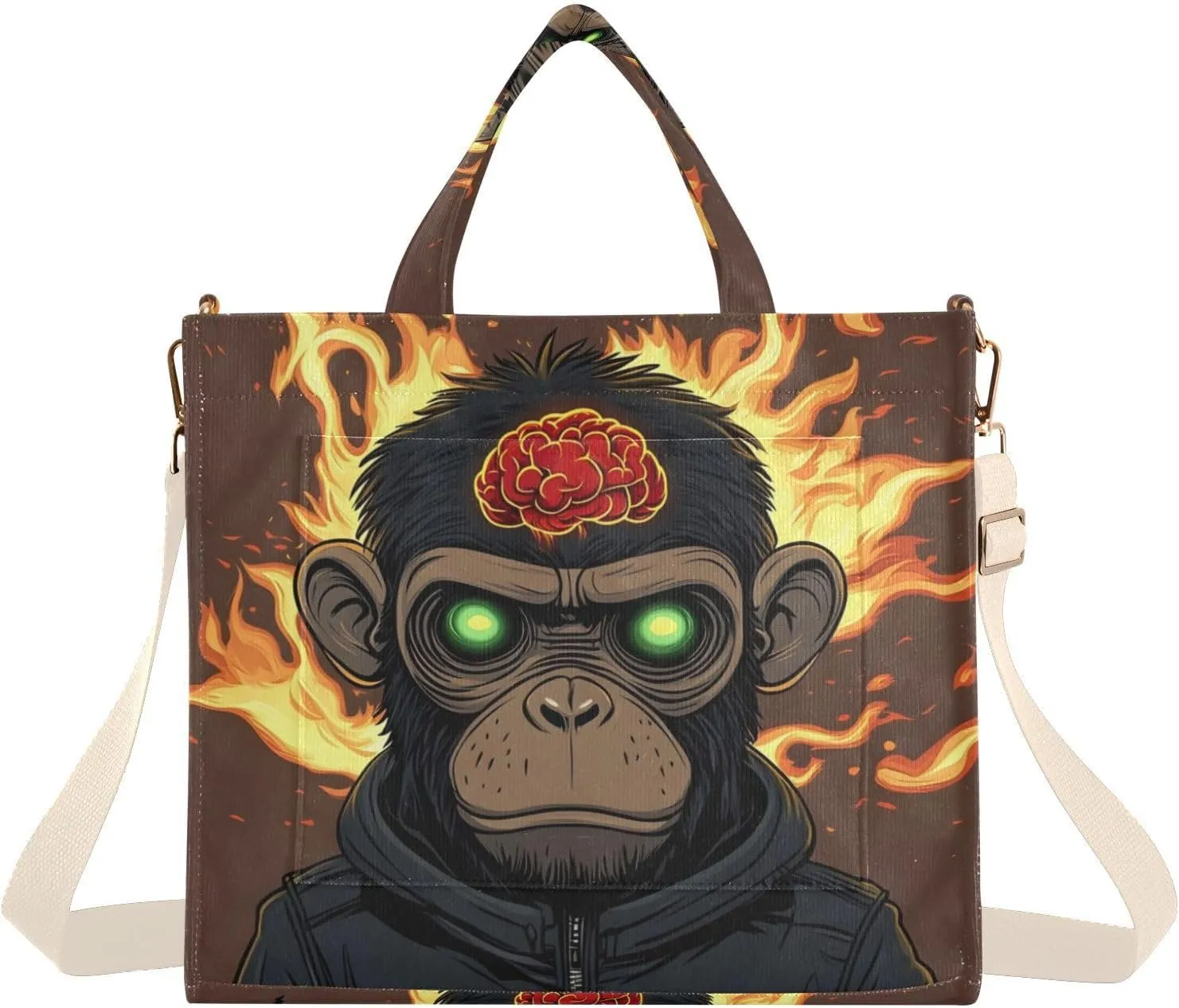 Corduroy Tote Bag Monkey Brain Fire for Women Large Shoulder Bag with Pockets for Beach Work Travel Shopping S