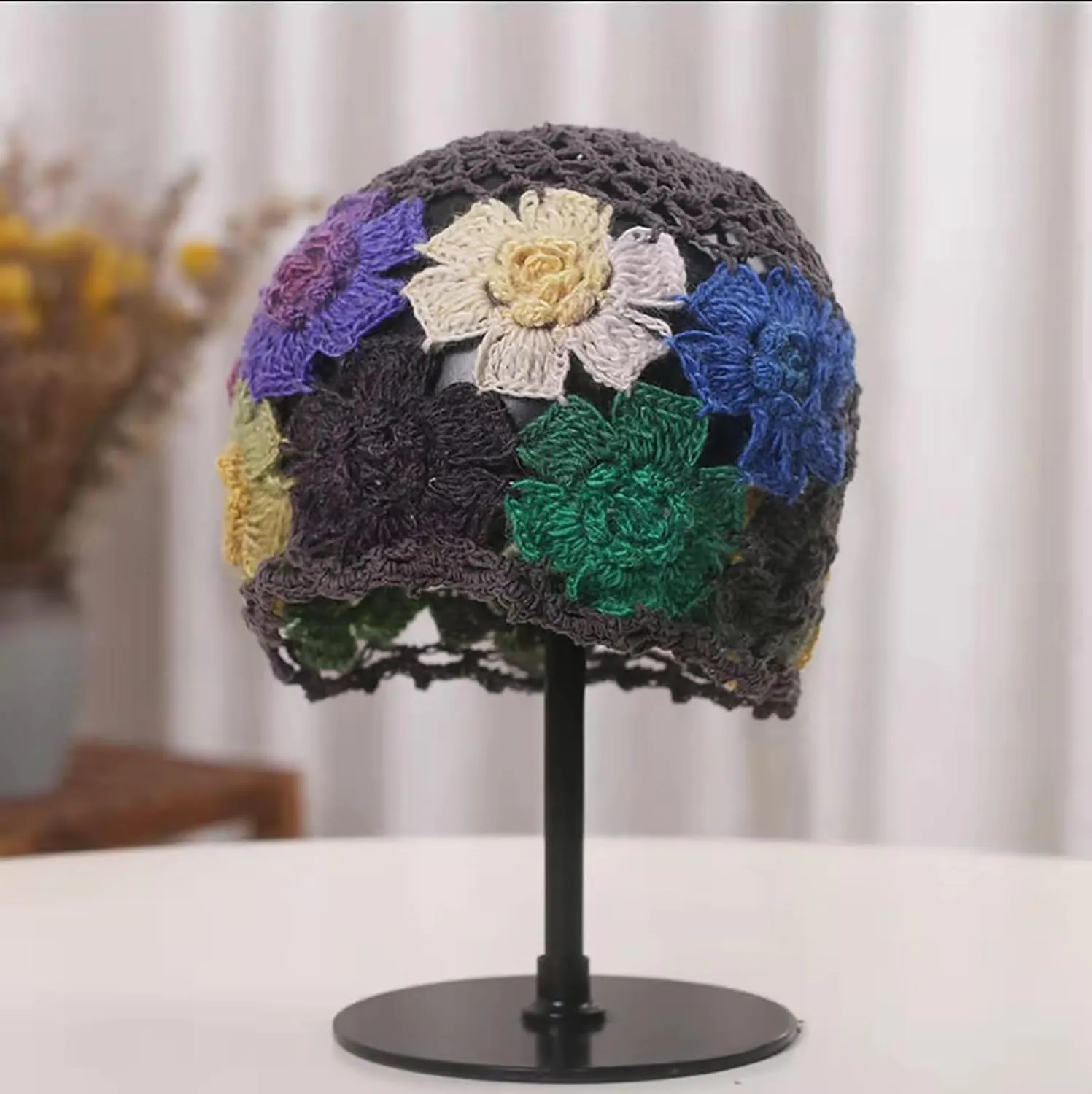 CORIRESHA Women's Boho Crochet Flower Beanie Handmade Cotton Hollow Out Y2k Summer Hat