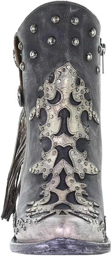 Corral Boots Womens Metallic Overlay Studded Fringe Pointed Toe Casual Boots Ankle Low Heel 1-2" - Black