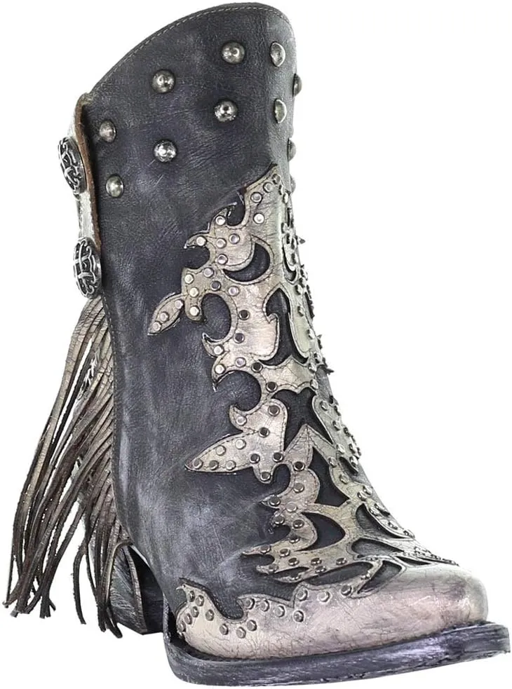 Corral Boots Womens Metallic Overlay Studded Fringe Pointed Toe Casual Boots Ankle Low Heel 1-2" - Black