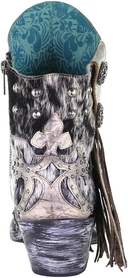Corral Boots Womens Metallic Overlay Studded Fringe Pointed Toe Casual Boots Ankle Low Heel 1-2" - Black