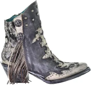 Corral Boots Womens Metallic Overlay Studded Fringe Pointed Toe Casual Boots Ankle Low Heel 1-2" - Black