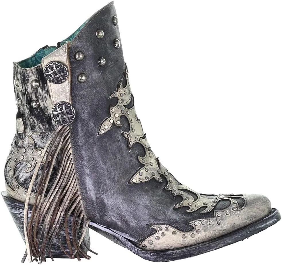 Corral Boots Womens Metallic Overlay Studded Fringe Pointed Toe Casual Boots Ankle Low Heel 1-2" - Black