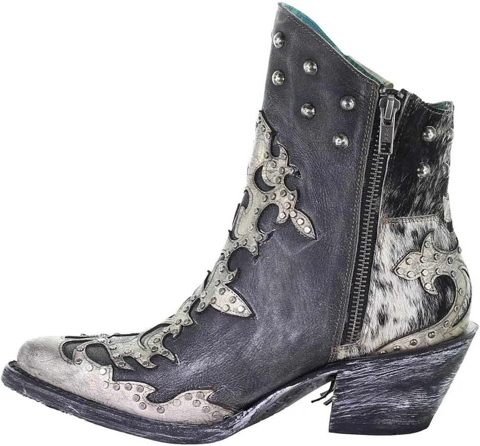 Corral Boots Womens Metallic Overlay Studded Fringe Pointed Toe Casual Boots Ankle Low Heel 1-2" - Black