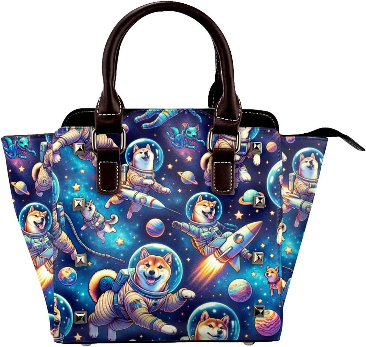 Cosmic-Shiba-Journey Pu Leather Crossbody Studded Bag, Fashionable Shoulder Handbag With Detachable Shoulder Strap