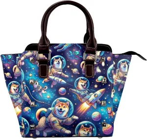 Cosmic-Shiba-Journey Pu Leather Crossbody Studded Bag, Fashionable Shoulder Handbag With Detachable Shoulder Strap
