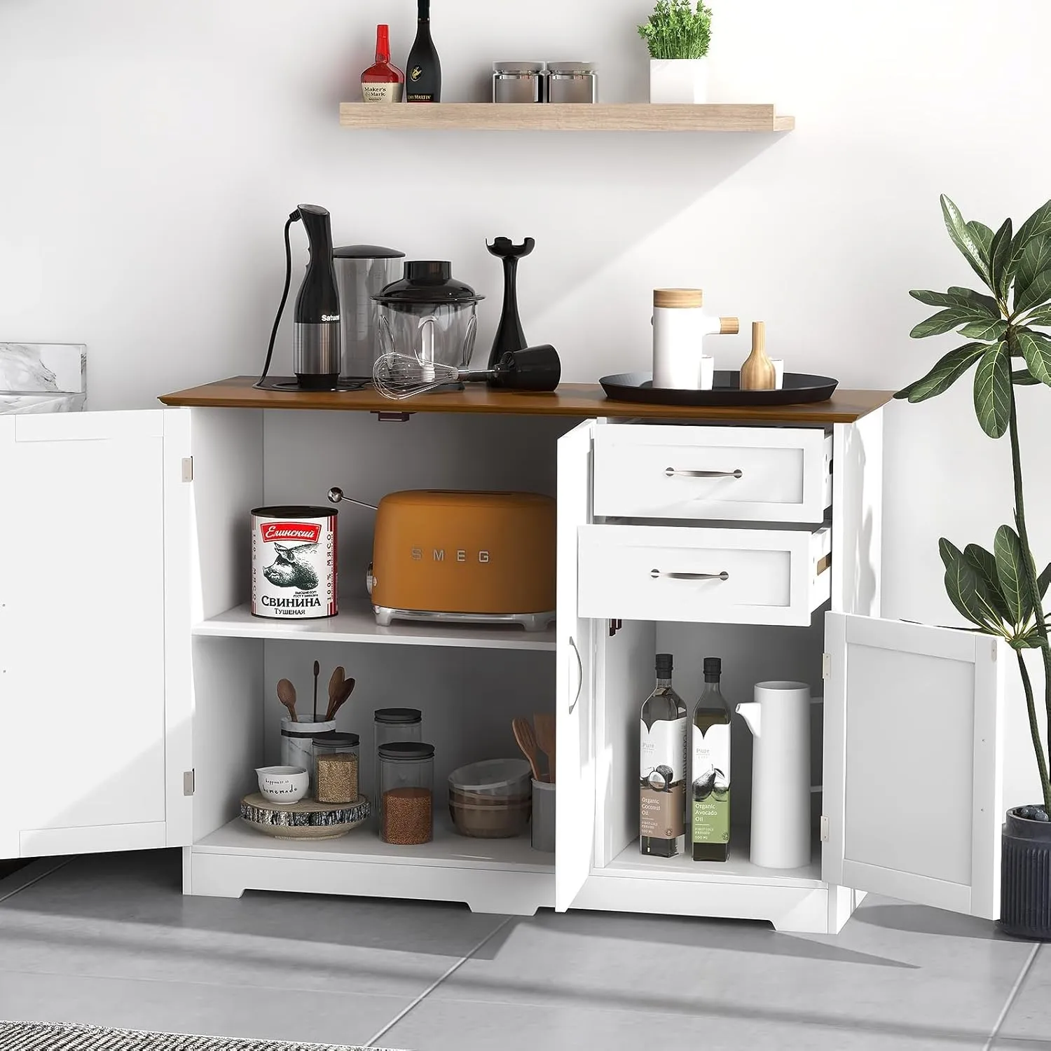 COSTWAY Buffet Cabinet with Storage, Farmhouse Sideboard Storage Cabinet with 3 Doors, 2 Drawers & Adjustable Shelf, Console Table, Coffee Bar Credenza Cabinet for Kitchen Cupboard Dining Room (White)
