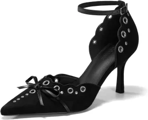Coutgo Womens High Heels Bow Tie Closed Pointed Toe Stiletto Ankle Strap Studded Suede Dress Shoes