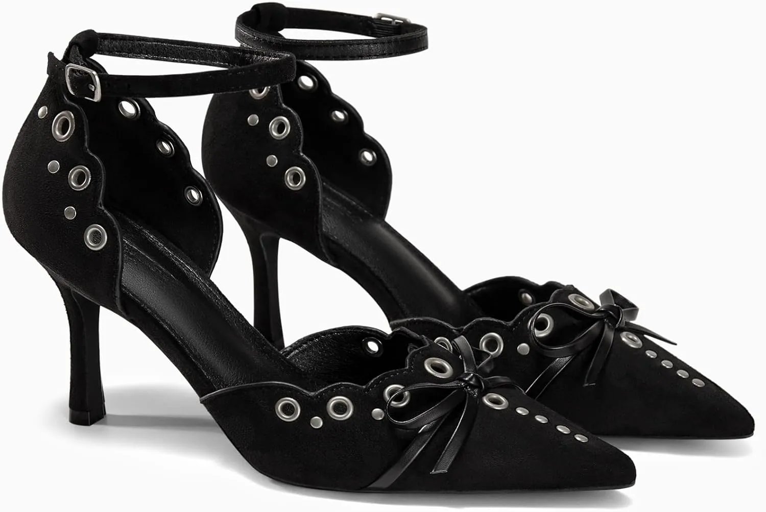 Coutgo Womens High Heels Bow Tie Closed Pointed Toe Stiletto Ankle Strap Studded Suede Dress Shoes