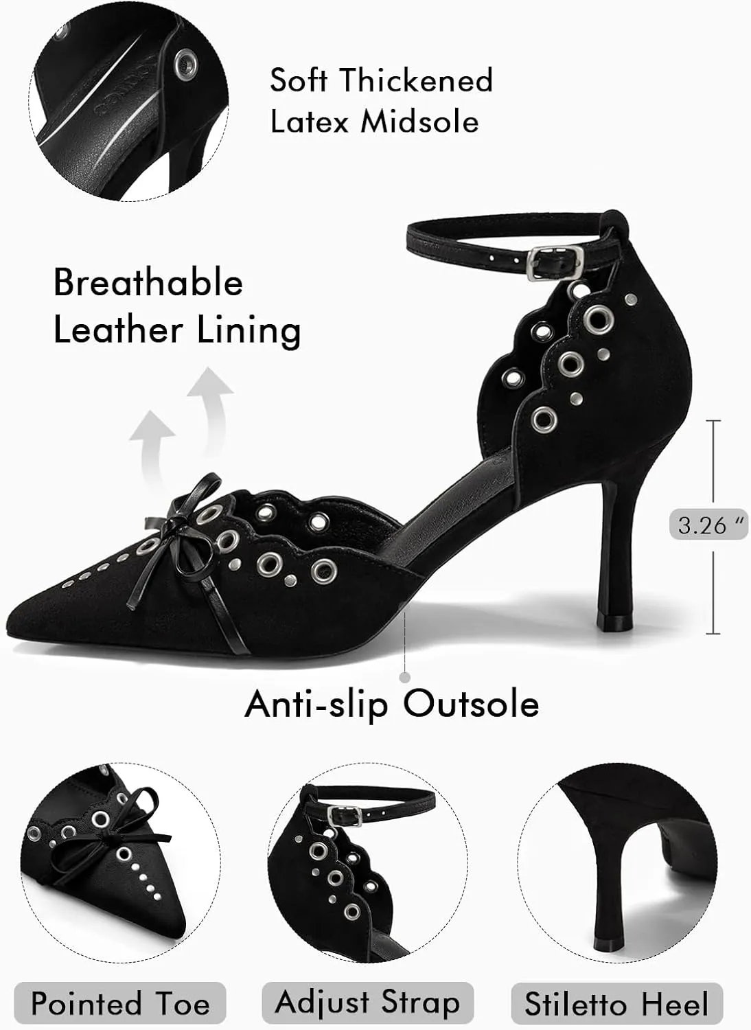 Coutgo Womens High Heels Bow Tie Closed Pointed Toe Stiletto Ankle Strap Studded Suede Dress Shoes