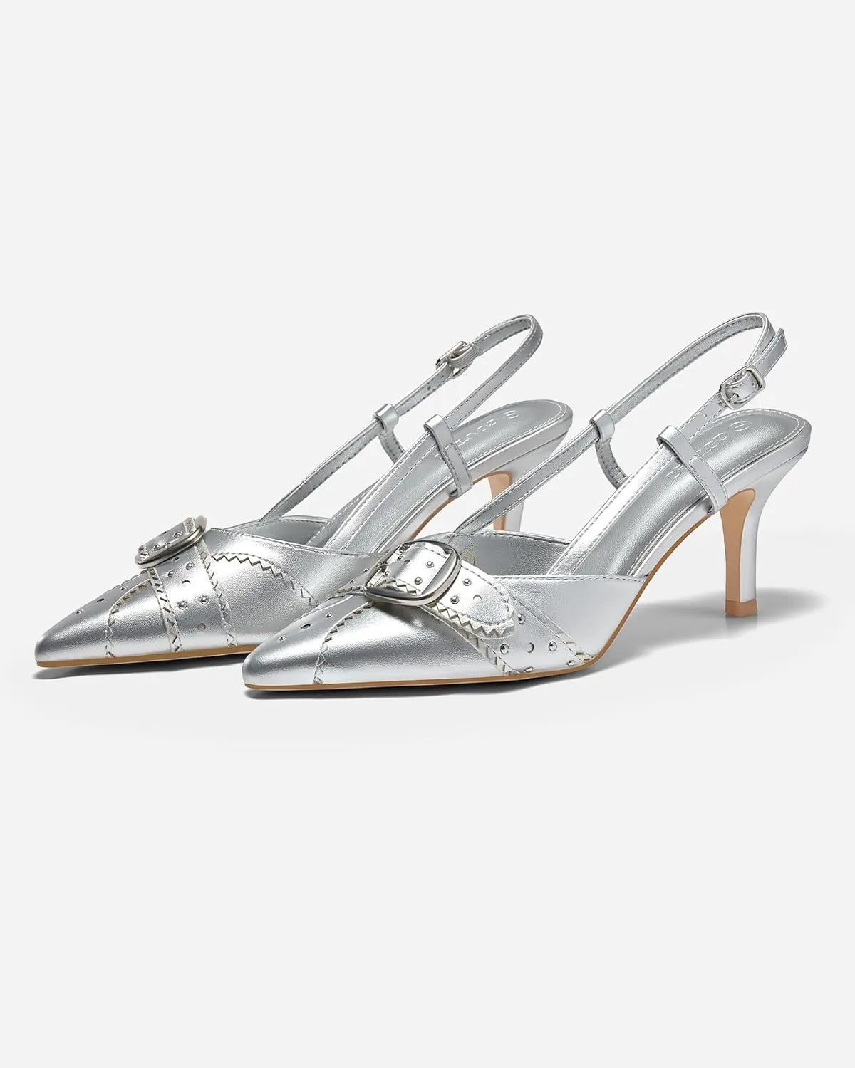 Coutgo Womens Slingback Kitten Heels Studded Closed Pointed Toe Pumps with Buckle Party Dress Shoes