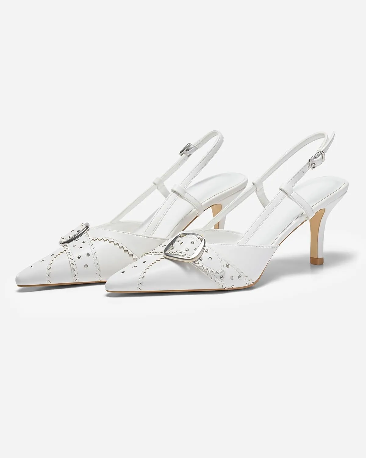 Coutgo Womens Slingback Kitten Heels Studded Closed Pointed Toe Pumps with Buckle Party Dress Shoes