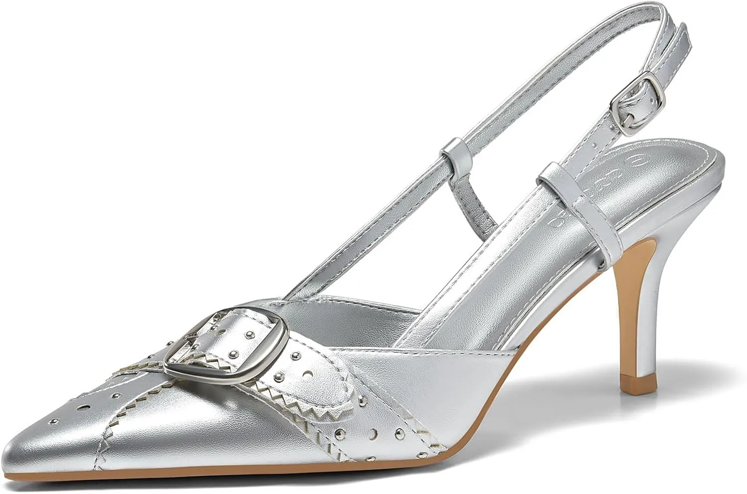 Coutgo Womens Slingback Kitten Heels Studded Closed Pointed Toe Pumps with Buckle Party Dress Shoes
