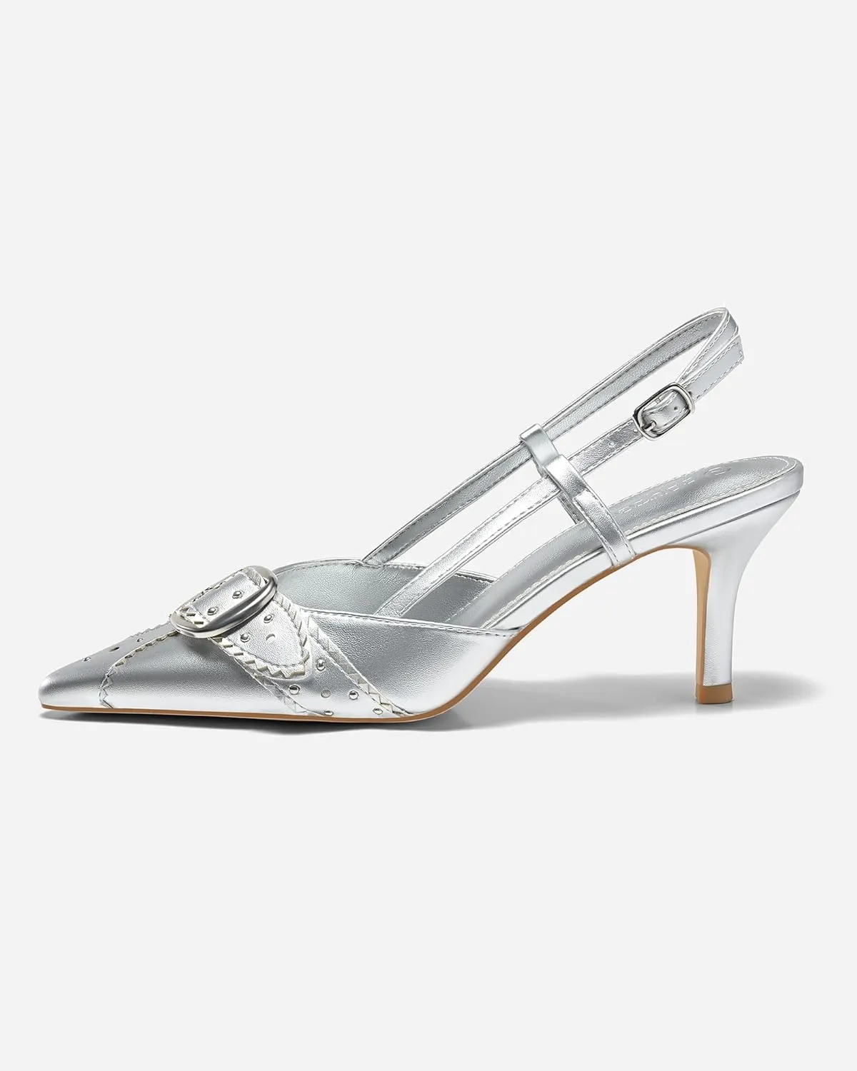 Coutgo Womens Slingback Kitten Heels Studded Closed Pointed Toe Pumps with Buckle Party Dress Shoes