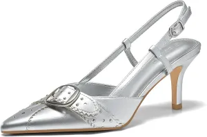 Coutgo Womens Slingback Kitten Heels Studded Closed Pointed Toe Pumps with Buckle Party Dress Shoes