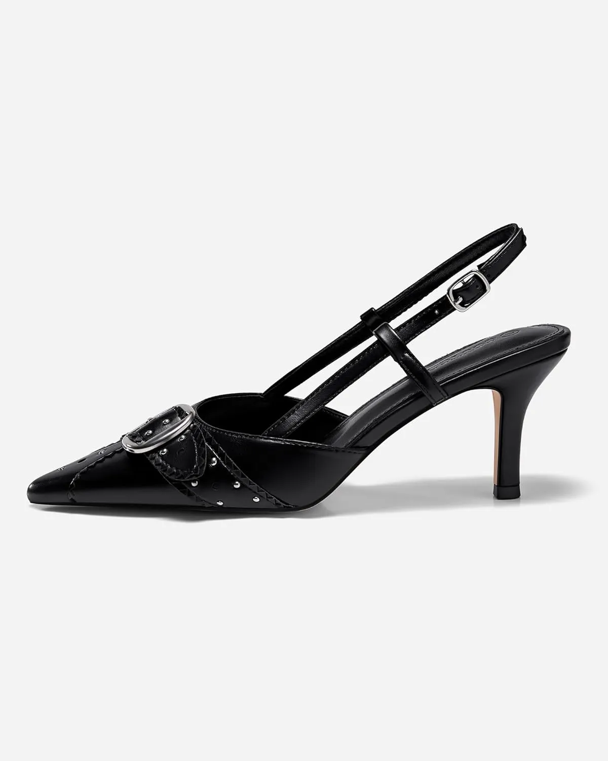 Coutgo Womens Slingback Kitten Heels Studded Closed Pointed Toe Pumps with Buckle Party Dress Shoes