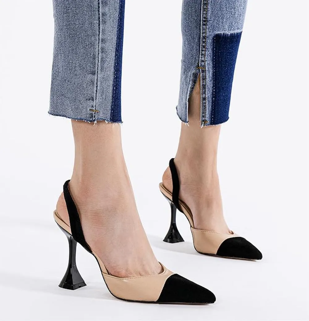 Coutgo Women's Slingback Pumps Pointed Toe Slip On Stiletto Heels Patchwork Dress Party Shoes