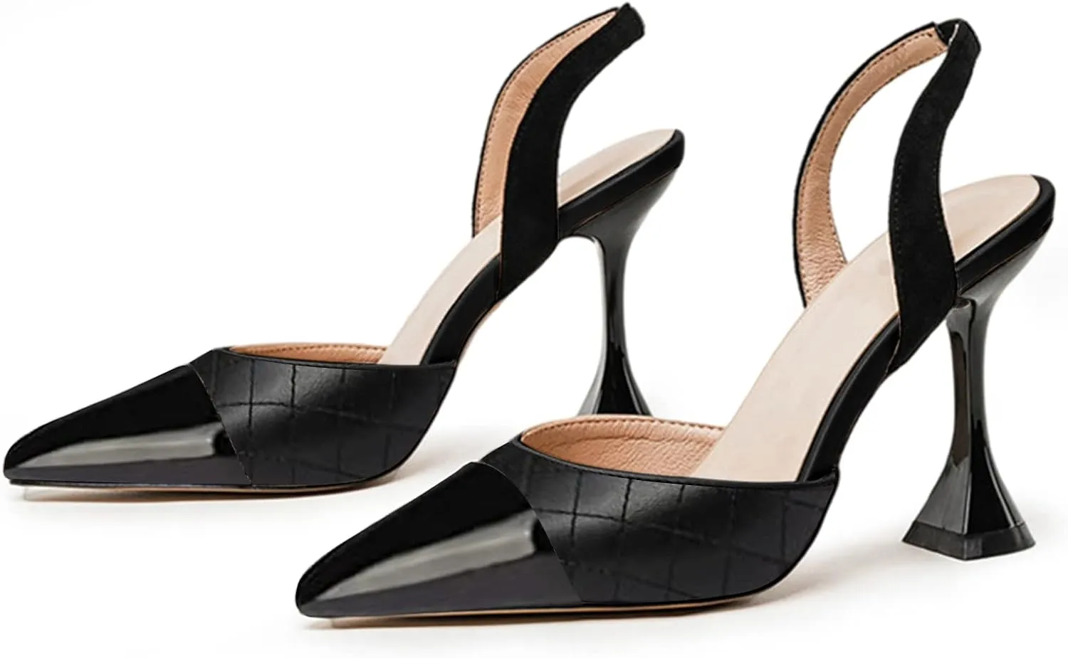 Coutgo Women's Slingback Pumps Pointed Toe Slip On Stiletto Heels Patchwork Dress Party Shoes