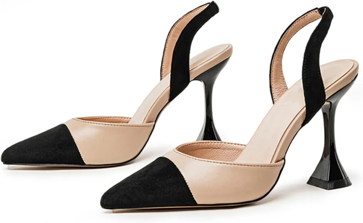 Coutgo Women's Slingback Pumps Pointed Toe Slip On Stiletto Heels Patchwork Dress Party Shoes