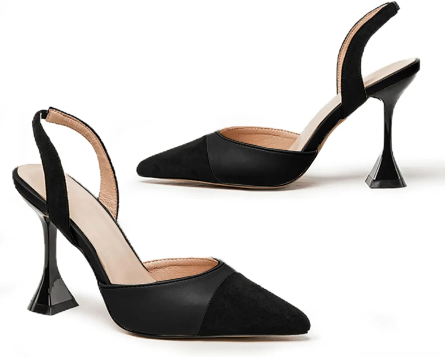 Coutgo Women's Slingback Pumps Pointed Toe Slip On Stiletto Heels Patchwork Dress Party Shoes