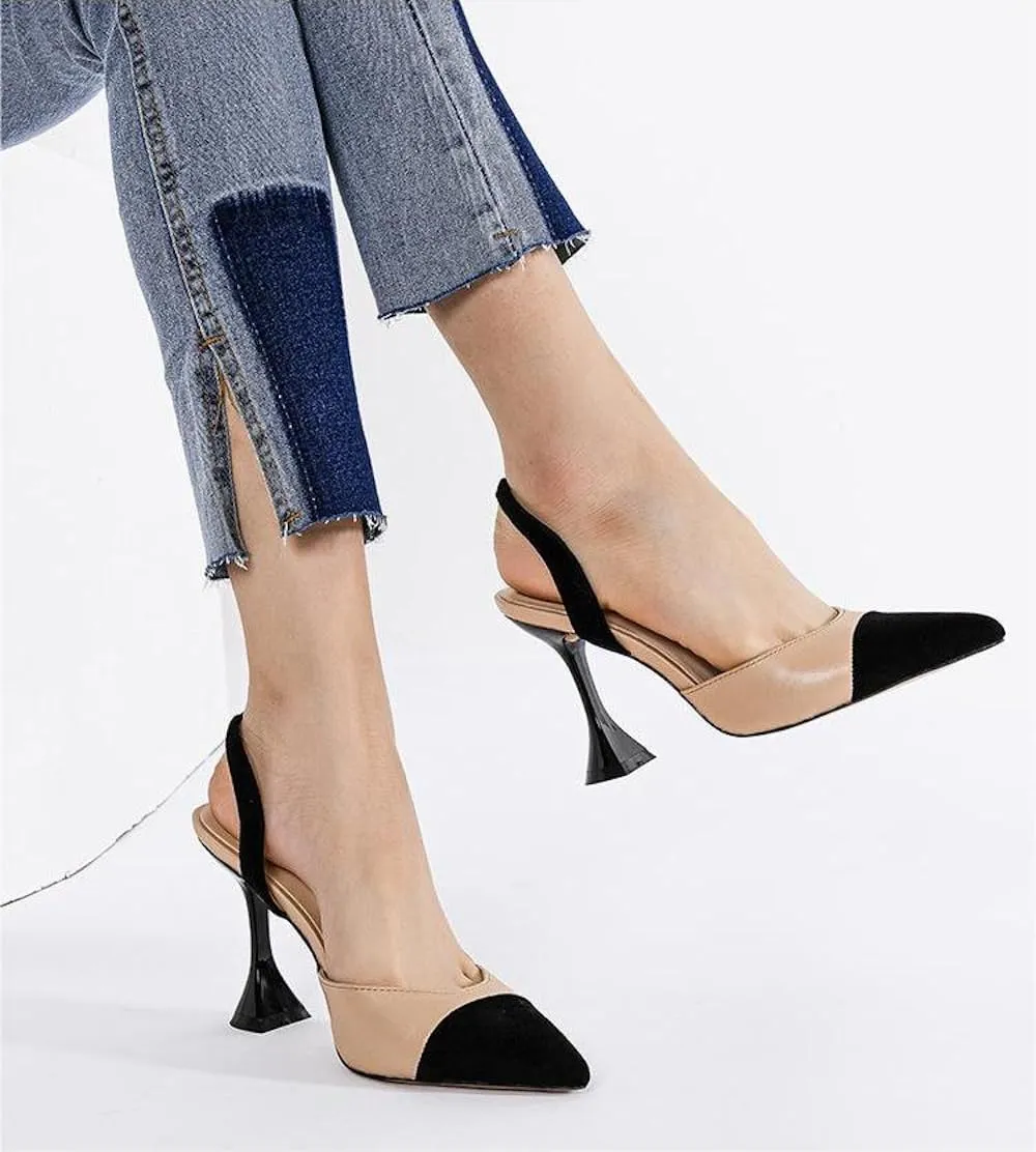 Coutgo Women's Slingback Pumps Pointed Toe Slip On Stiletto Heels Patchwork Dress Party Shoes