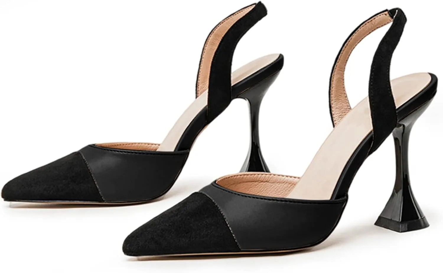 Coutgo Women's Slingback Pumps Pointed Toe Slip On Stiletto Heels Patchwork Dress Party Shoes
