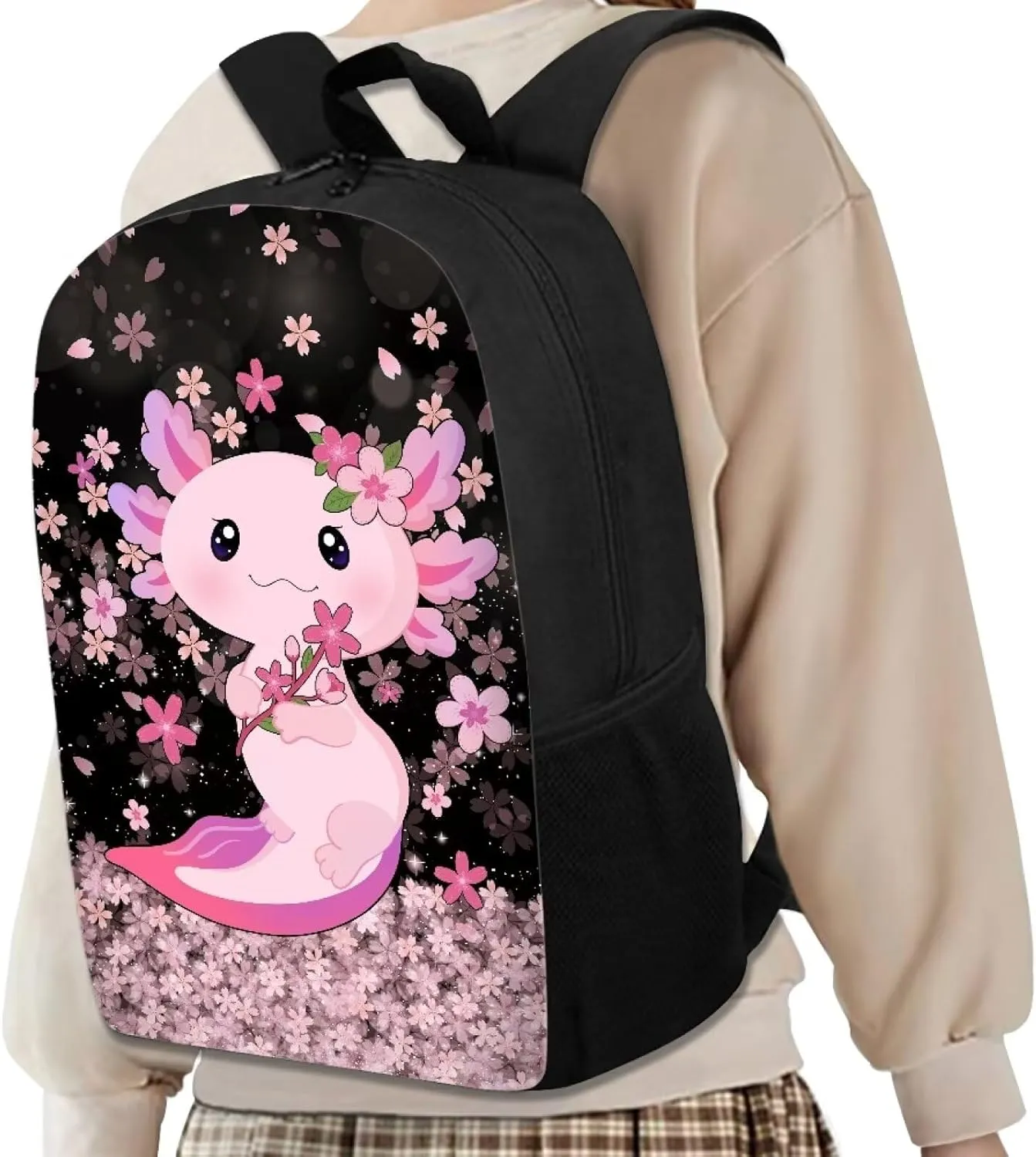 Cozeyat Shoulder Bag for Students Book Bag,Large Capacity Zipper Travel Daypack,Lightweight School Supplies,Cherry Blossom Axolotl Print