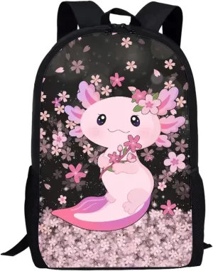 Cozeyat Shoulder Bag for Students Book Bag,Large Capacity Zipper Travel Daypack,Lightweight School Supplies,Cherry Blossom Axolotl Print