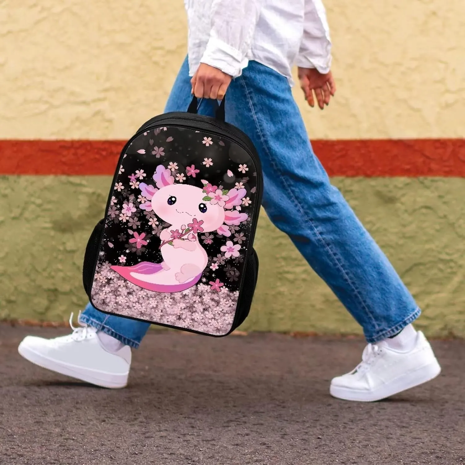 Cozeyat Shoulder Bag for Students Book Bag,Large Capacity Zipper Travel Daypack,Lightweight School Supplies,Cherry Blossom Axolotl Print