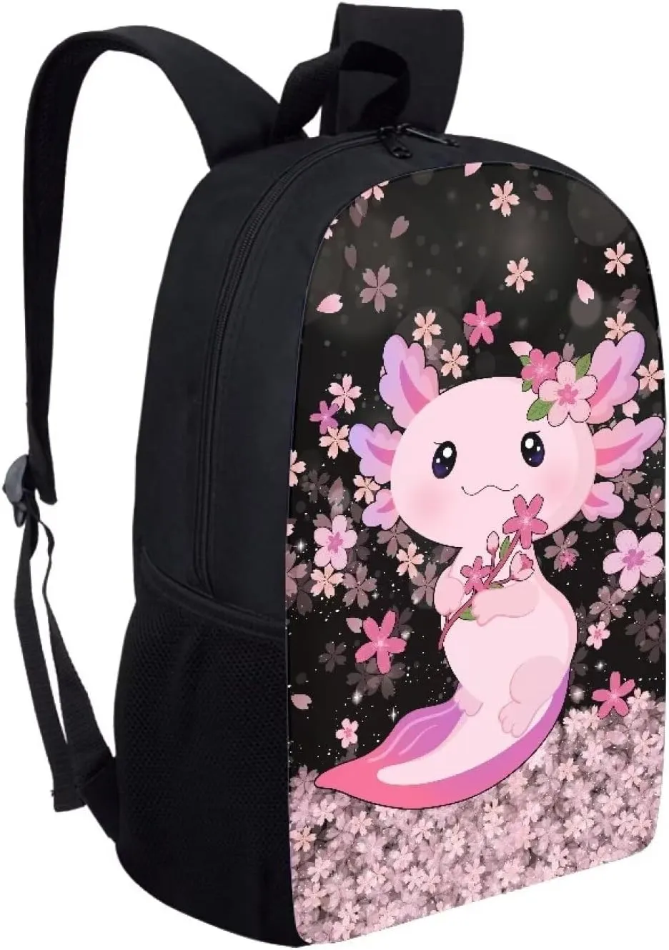 Cozeyat Shoulder Bag for Students Book Bag,Large Capacity Zipper Travel Daypack,Lightweight School Supplies,Cherry Blossom Axolotl Print