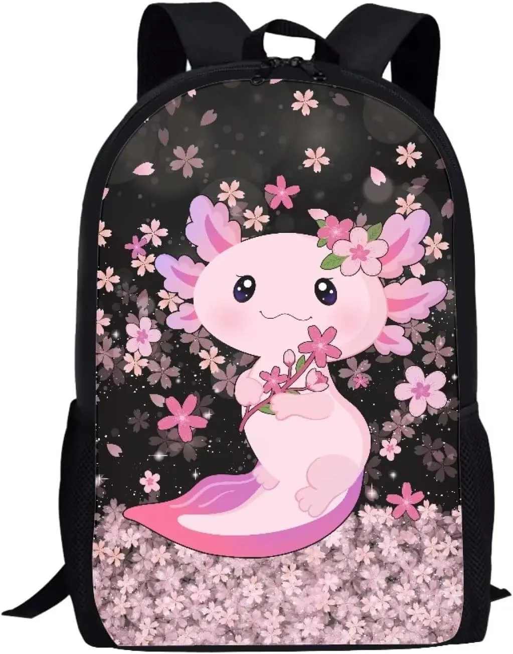 Cozeyat Shoulder Bag for Students Book Bag,Large Capacity Zipper Travel Daypack,Lightweight School Supplies,Cherry Blossom Axolotl Print