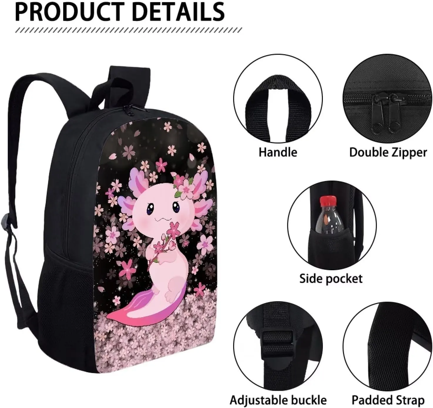 Cozeyat Shoulder Bag for Students Book Bag,Large Capacity Zipper Travel Daypack,Lightweight School Supplies,Cherry Blossom Axolotl Print
