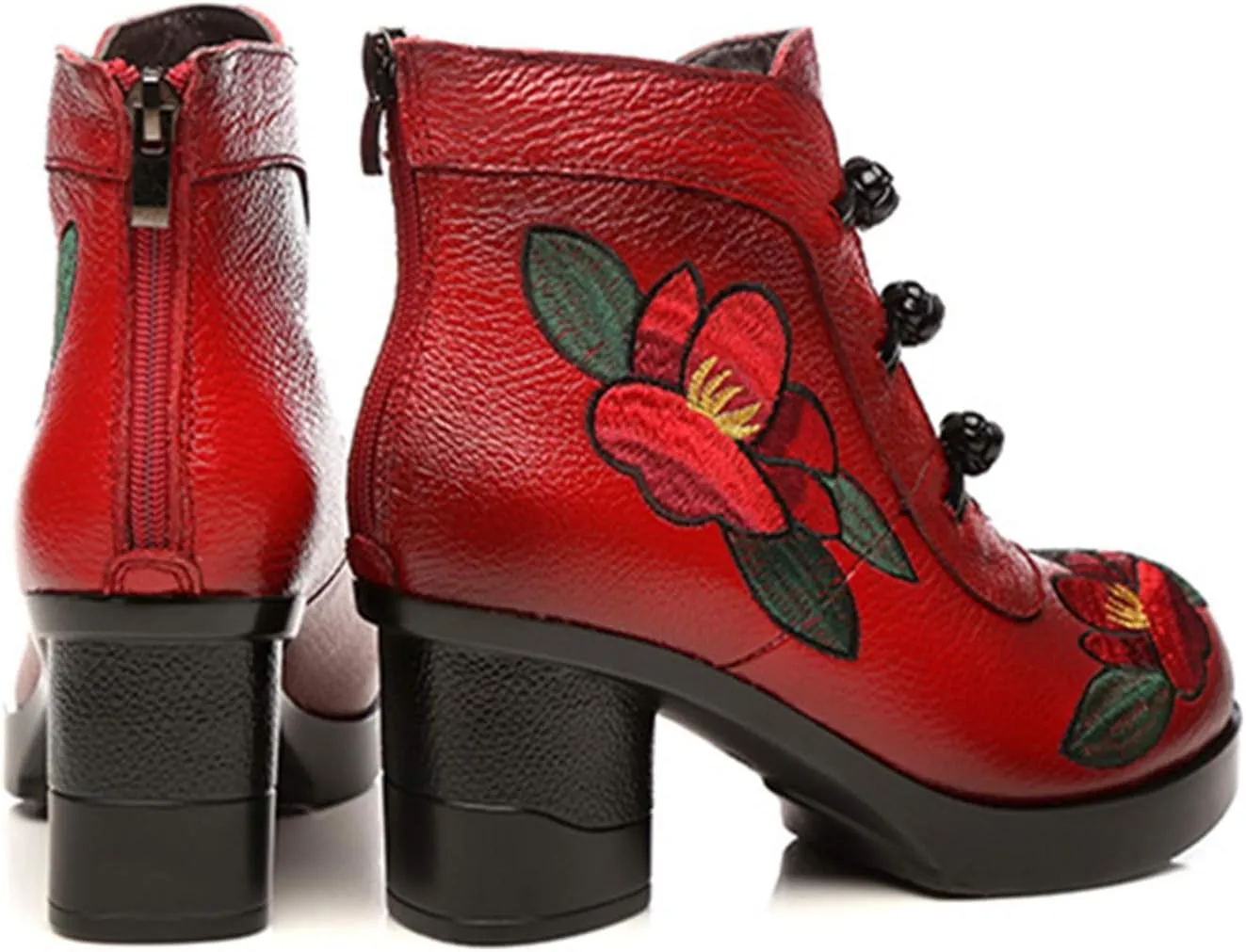 CrazycatZ Leather Ankle Boots,Women Retro Floral Leather Block Heel Ankle Embroidery Boots Colorful Boots