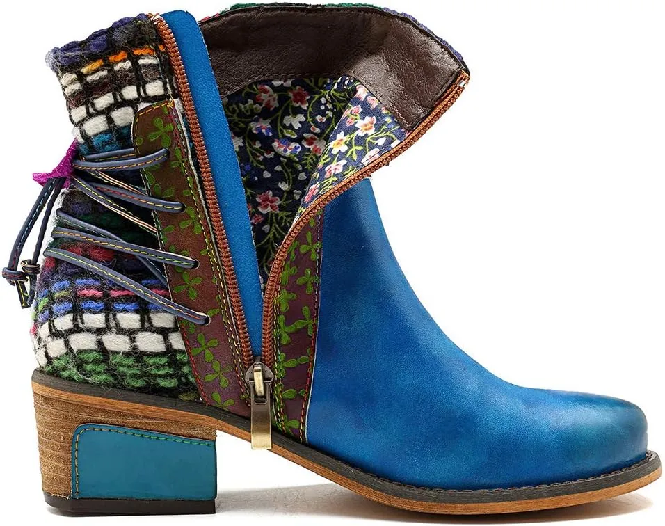 CrazycatZ Women's Leather Ankle Booties, Bohemian Pattern Short Boots Flower Splicing Pattern Handmade Vintage Shoes Exotic Booties