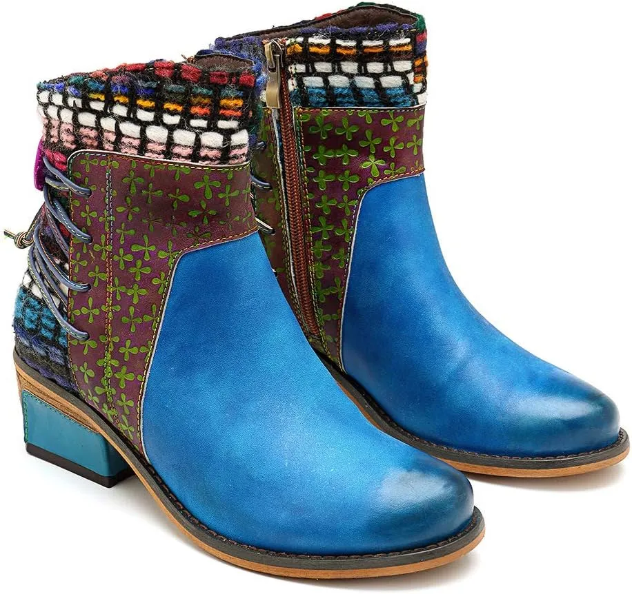 CrazycatZ Women's Leather Ankle Booties, Bohemian Pattern Short Boots Flower Splicing Pattern Handmade Vintage Shoes Exotic Booties