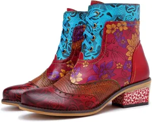 CrazycatZ Women's Leather Ankle Booties, Bohemian Pattern Short Boots Flower Splicing Pattern Handmade Vintage Shoes Exotic Booties