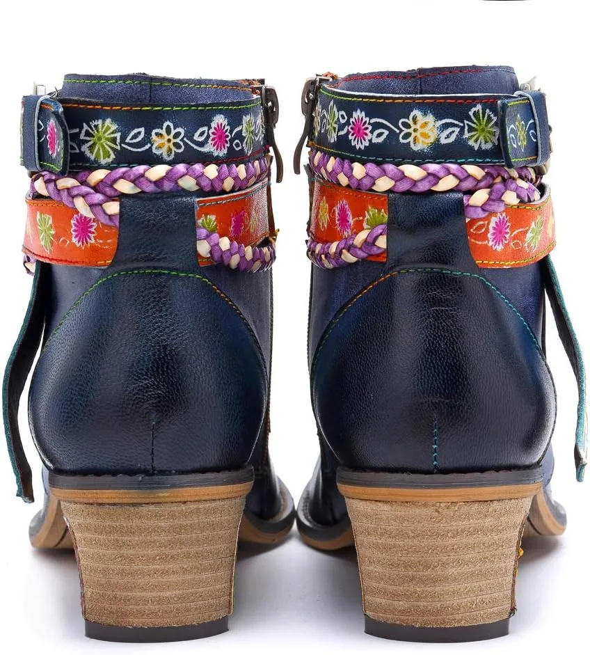 CrazycatZ Women's Leather Ankle Booties, Bohemian Pattern Short Boots Flower Splicing Pattern Handmade Vintage Shoes Exotic Booties